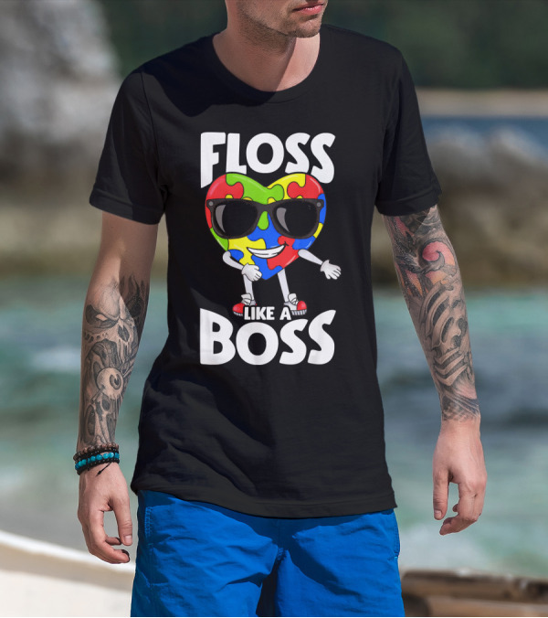 Autism Awareness Floss Like A Boss Puzzle Heart Wearing Sunglasses T-Shirt