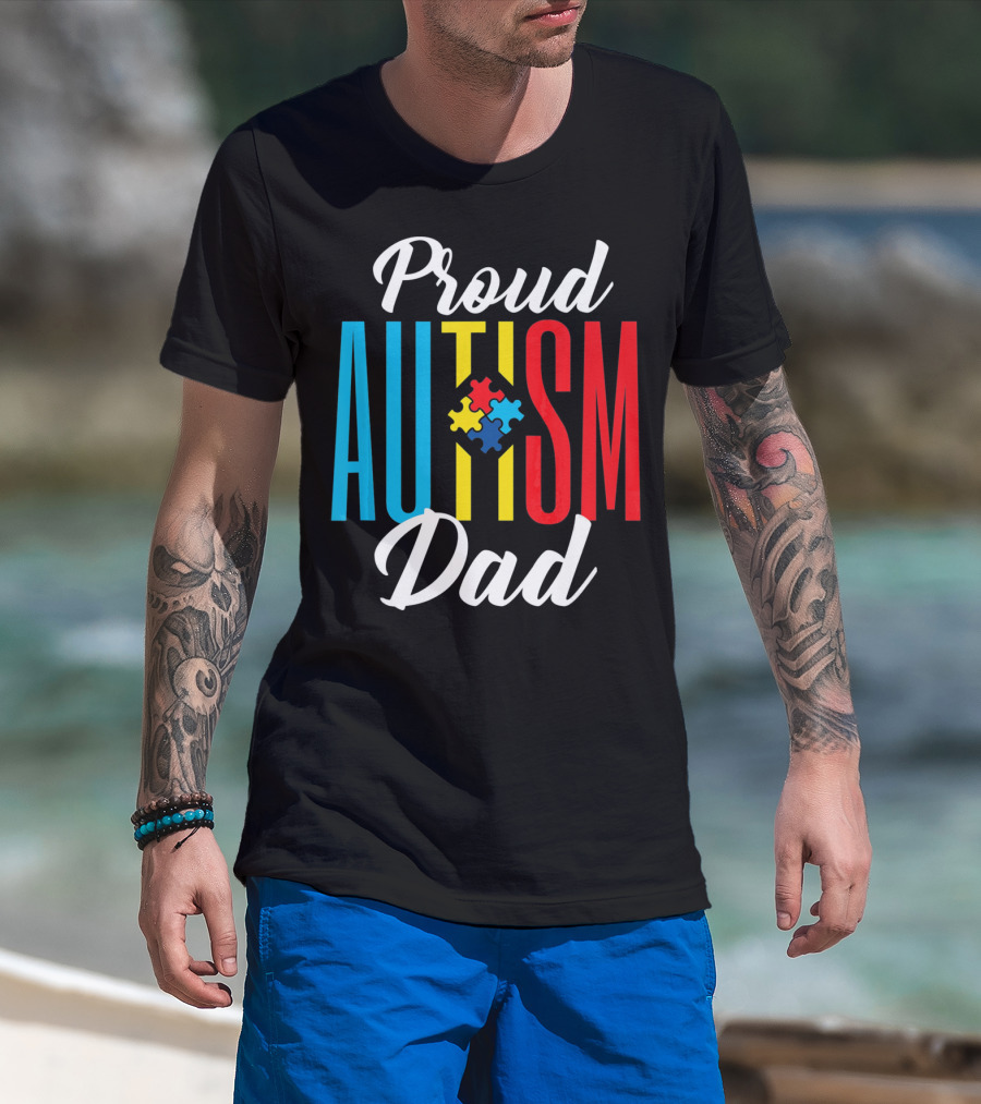 Proud Autism Dad Puzzle Piece Awareness Support T-Shirt