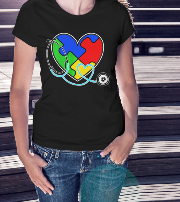 Nurses Autism Awareness Heart With Puzzle Pieces And Stethoscope T-Shirt