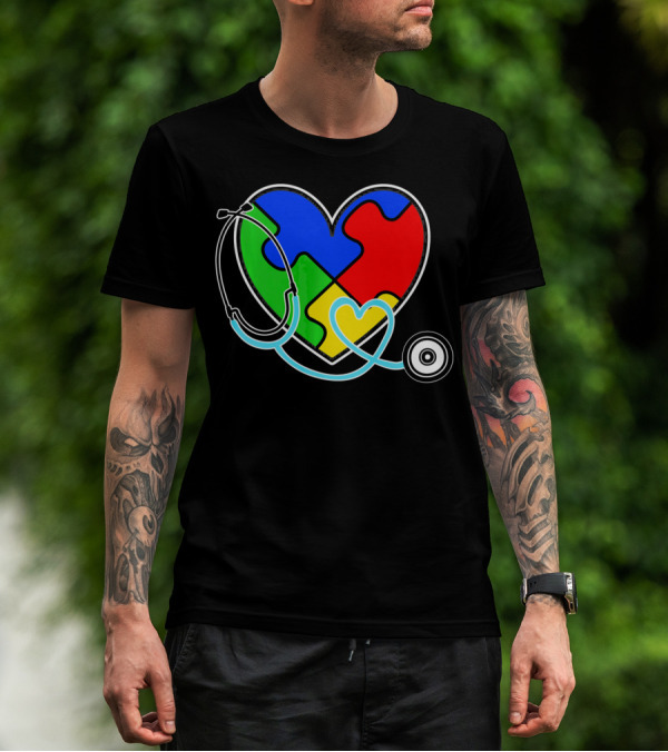 Nurses Autism Awareness Heart With Puzzle Pieces And Stethoscope T-Shirt