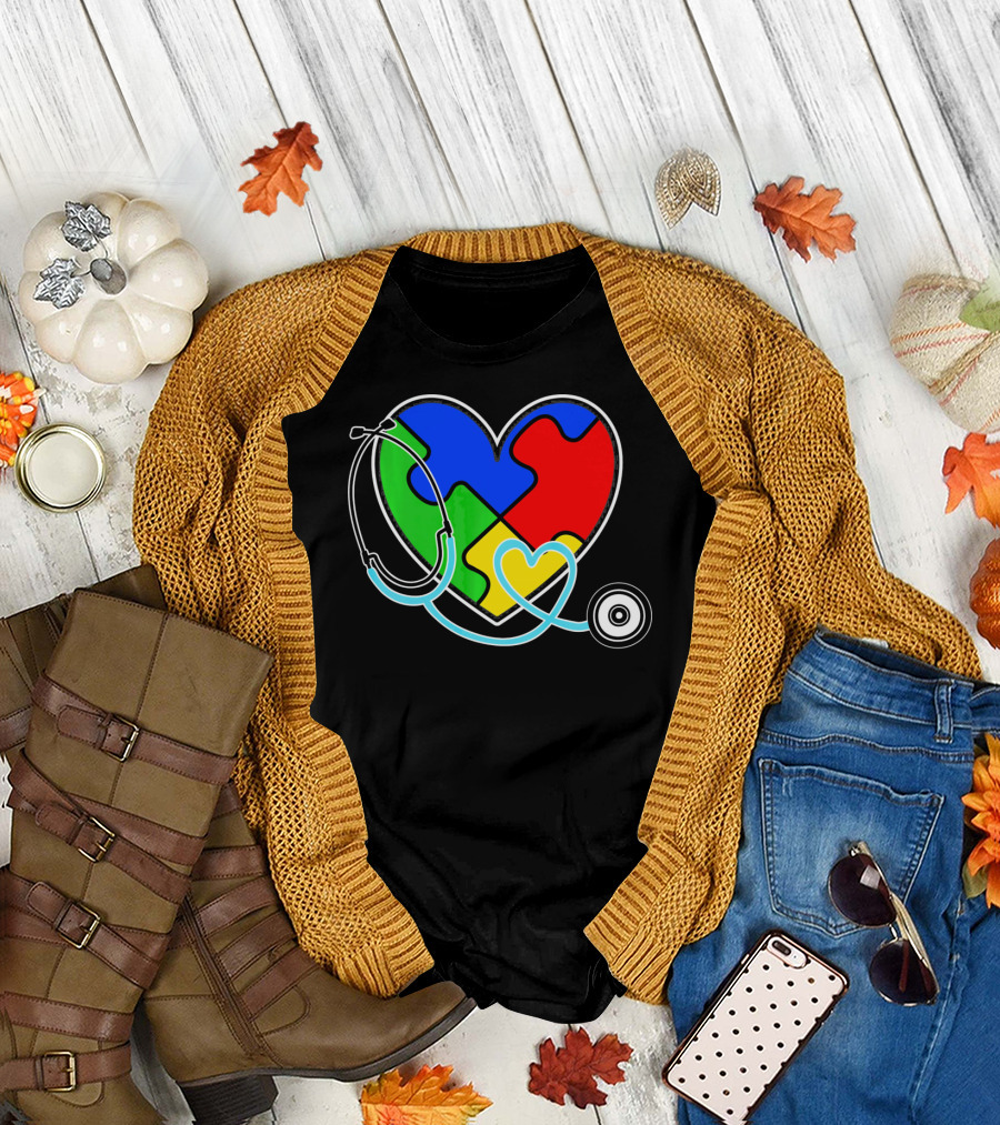 Nurses Autism Awareness Heart with Puzzle Pieces and Stethoscope T-Shirt