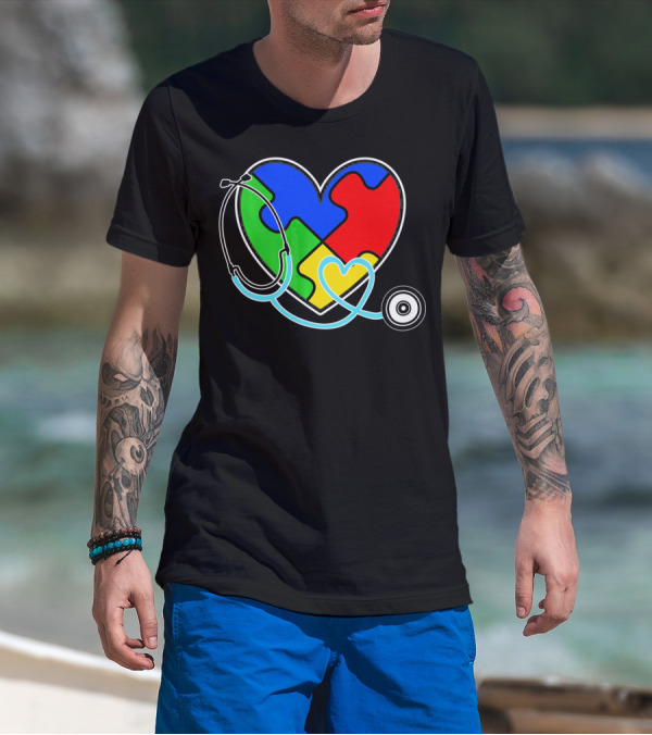 Nurses Autism Awareness Heart With Puzzle Pieces And Stethoscope T-Shirt