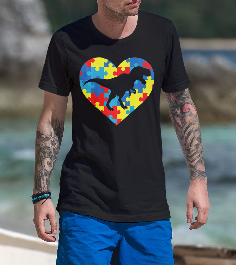 Autism Rex Heart Puzzle Dinosaur Awareness T-Shirt