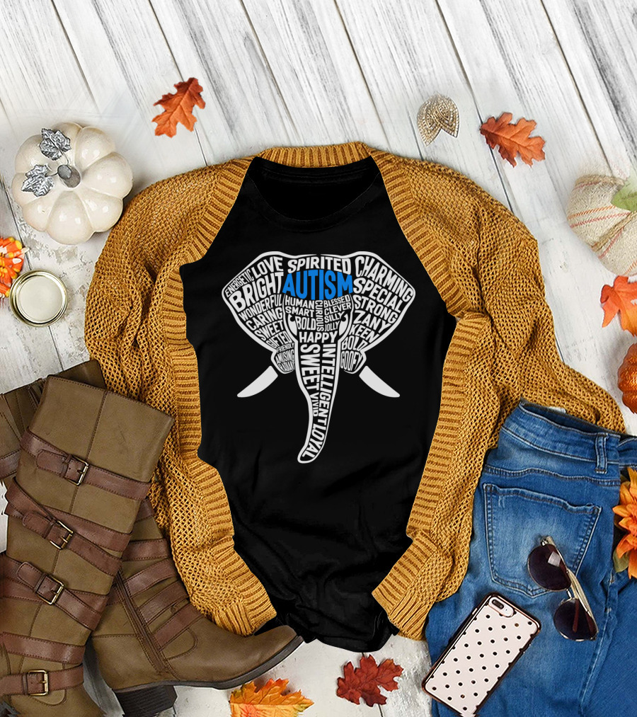 Autism Elephant Words Happy Sweet Bright Spirited Special T-Shirt