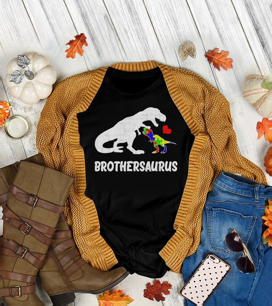 Brothersaurus Strong Dinosaur Autism Heart Puzzle T-Shirt