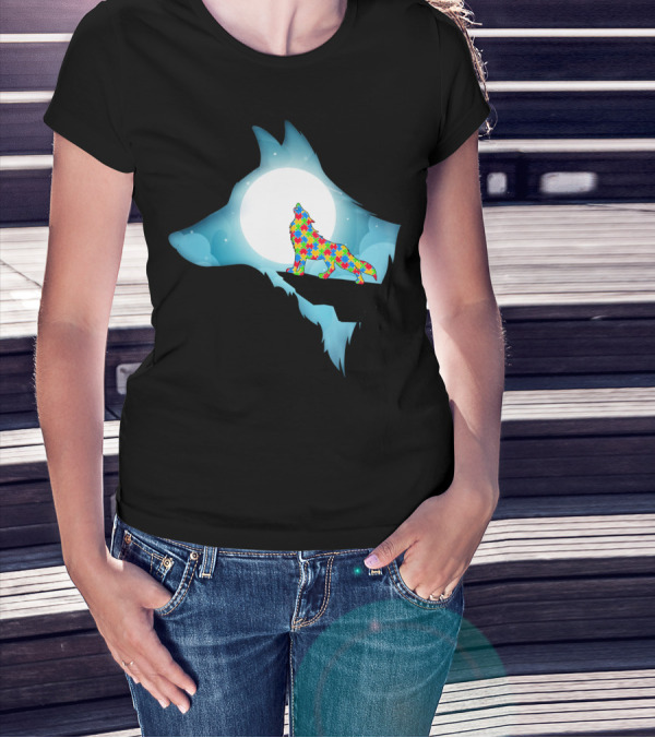 Wolf Wolf Autism Autism Awar Puzzle Wolf Moon T-Shirt