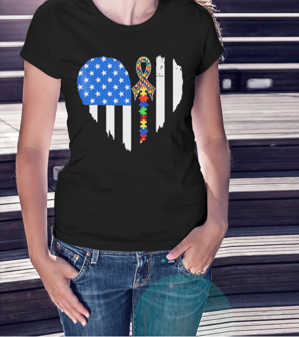 Autism Awareness Heart Shaped Flag With Puzzle Ribbon Be A Better Life T-Shirt