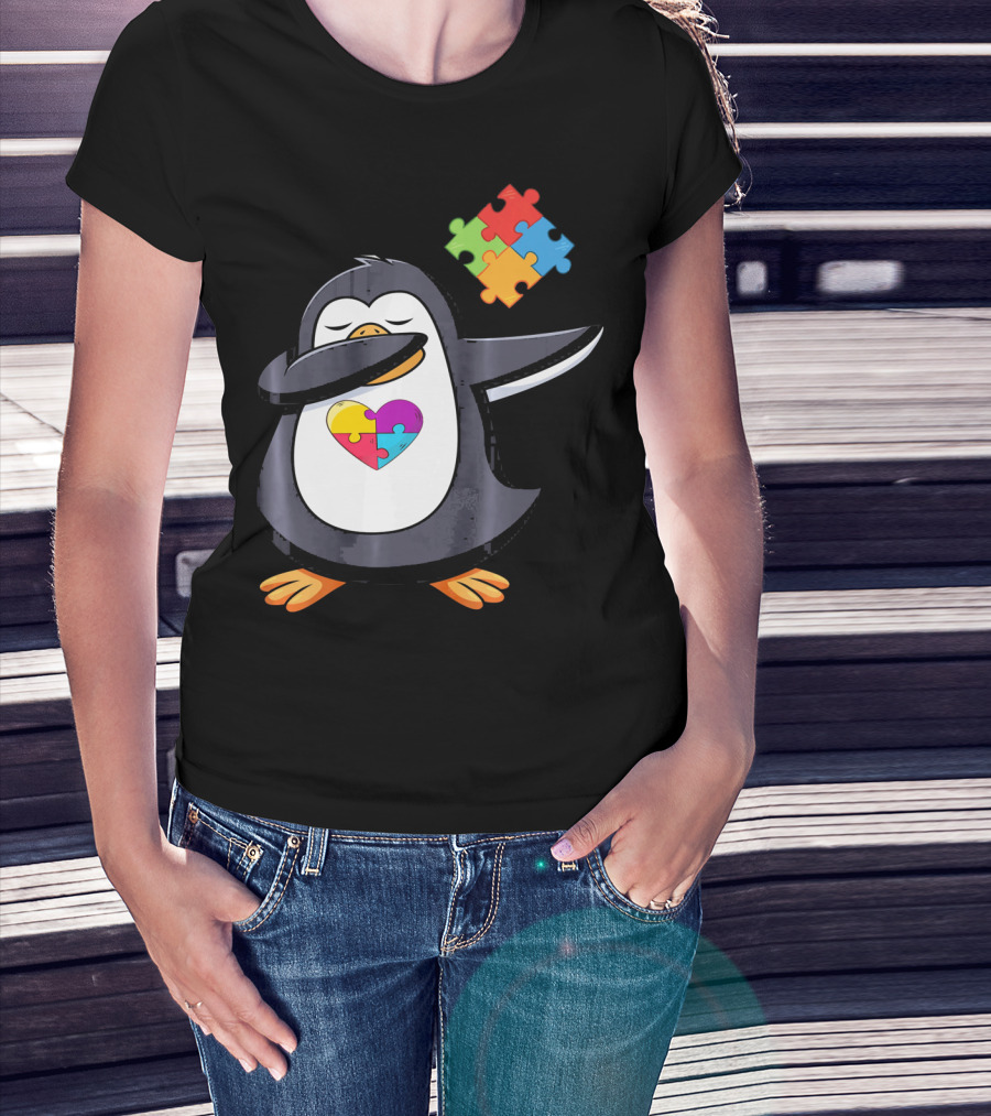 Penguin Dab Puzzle Piece Heart Autism Awareness T-Shirt