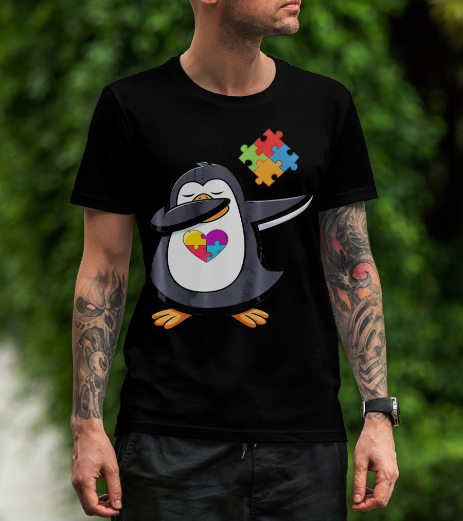 Penguin Dab Puzzle Piece Heart Autism Awareness T-Shirt