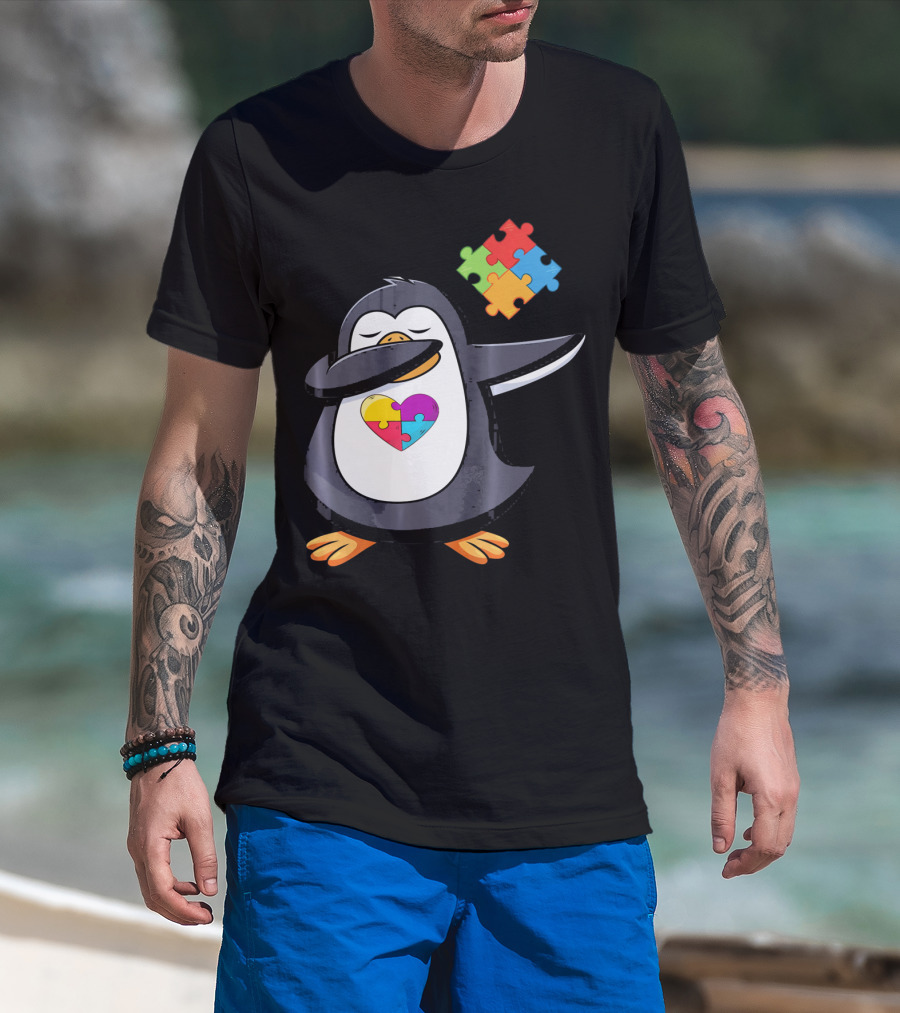 Penguin Dab Puzzle Piece Heart Autism Awareness T-Shirt