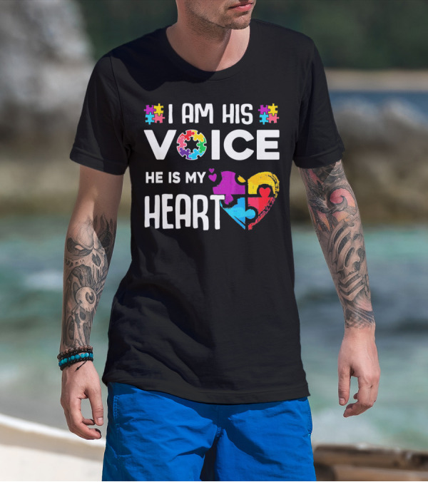 Autism Awareness I Am His Voice He Is My Heart Puzzle Piece Heart T-Shirt