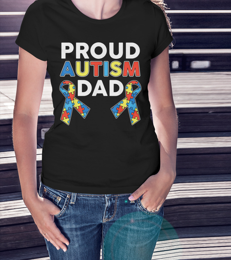 Proud Autism Dad Awareness Ribbon Puzzle T-Shirt