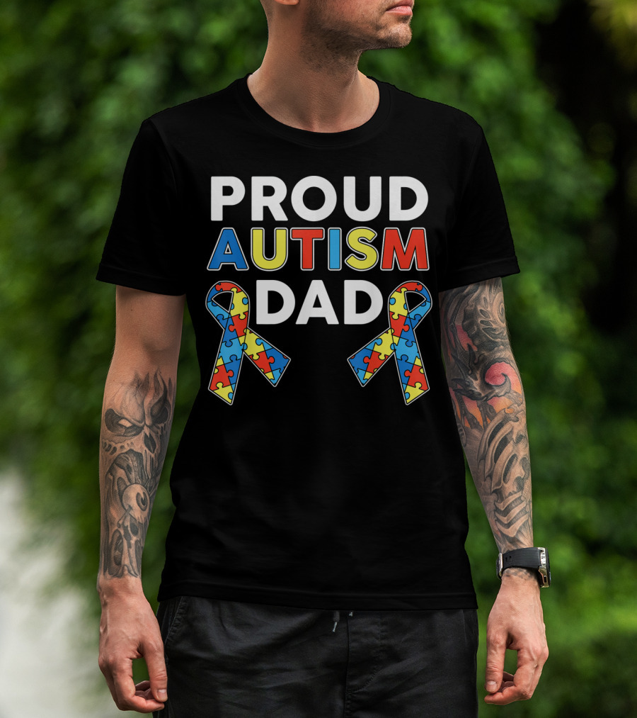 Proud Autism Dad Awareness Ribbon Puzzle T-Shirt