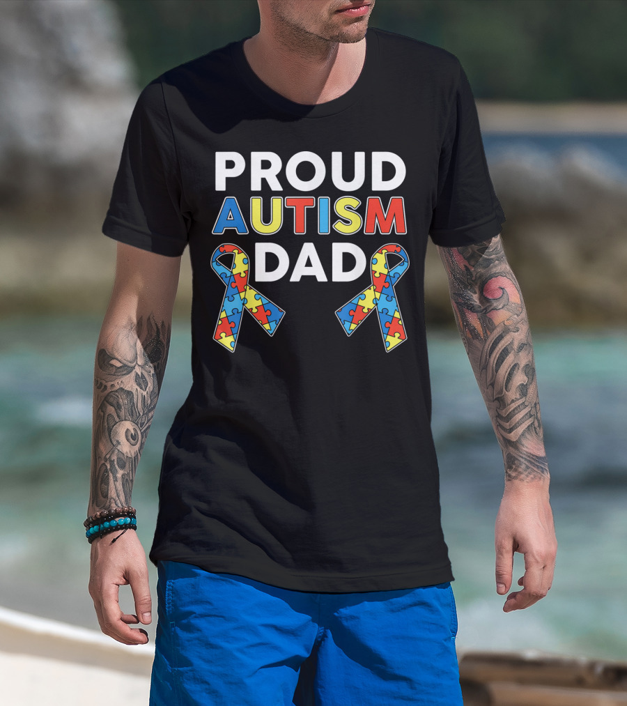 Proud Autism Dad Awareness Ribbon Puzzle T-Shirt