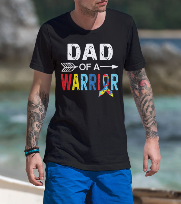 Dad Of A Warrior Autism Awareness Puzzle Ribbon Arrow T-Shirt