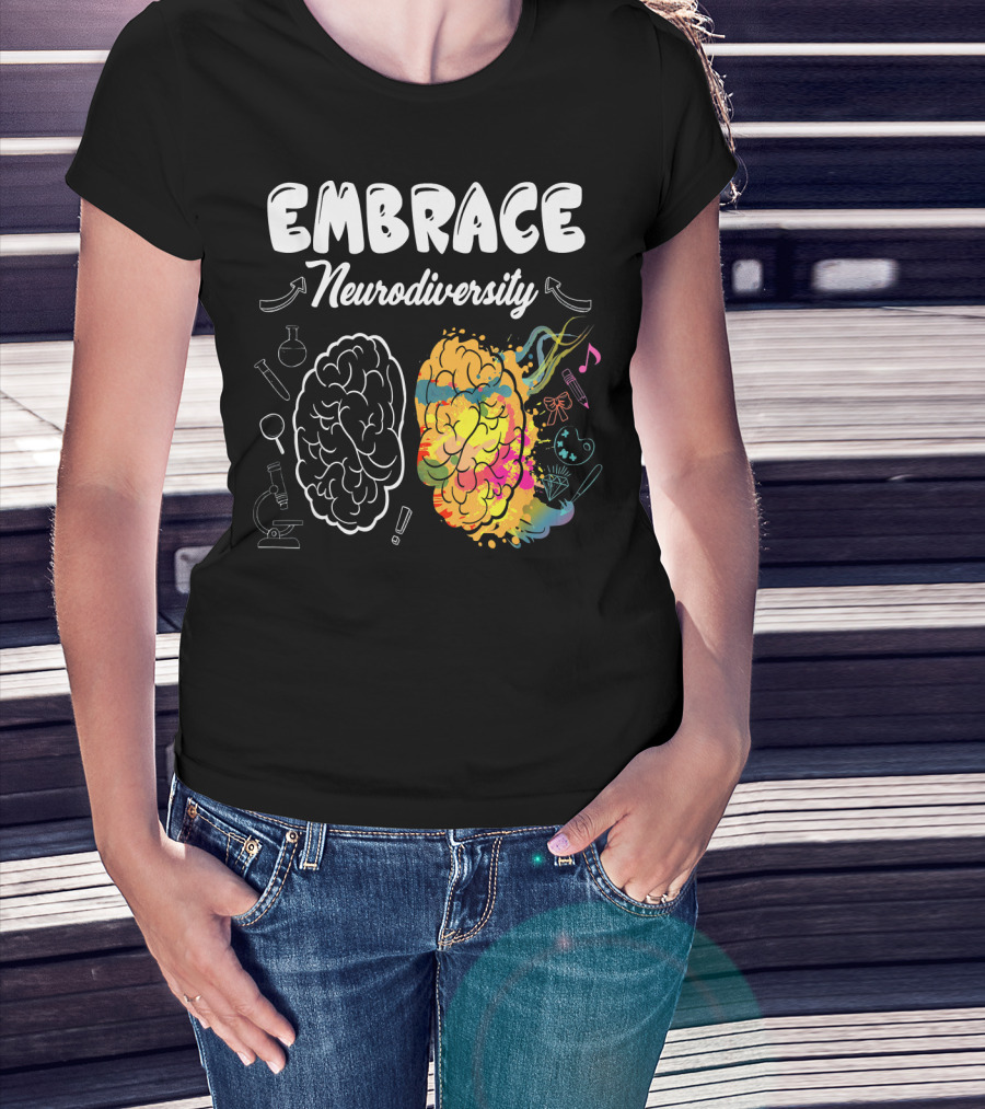 Embrace Neurodiversity Brain Autism Awareness Colorful Science Music Art Icons T-Shirt