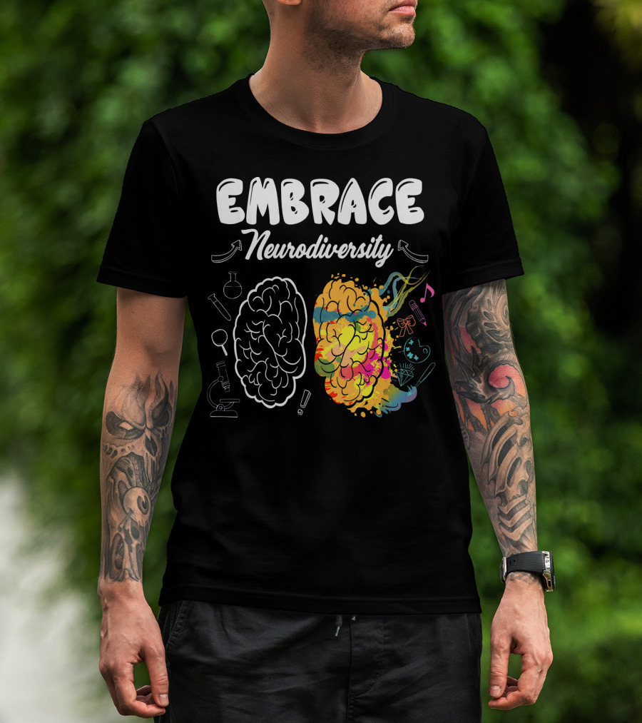 Embrace Neurodiversity Brain Autism Awareness Colorful Science Music Art Icons T-Shirt