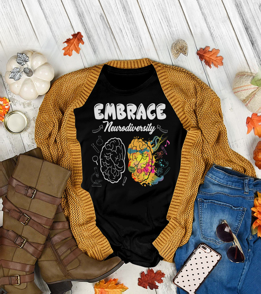 Embrace Neurodiversity Brain Autism Awareness Colorful Science Music Art Icons T-Shirt