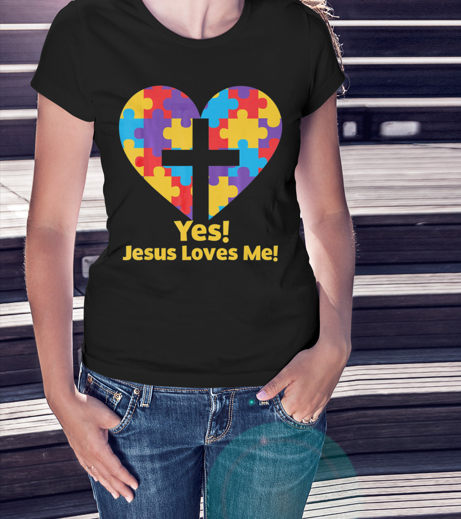 Yes Jesus Loves Me Autism Awareness Catholic Christian Cross Heart Puzzle T-Shirt