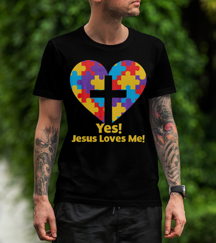 Yes Jesus Loves Me Autism Awareness Catholic Christian Cross Heart Puzzle T-Shirt