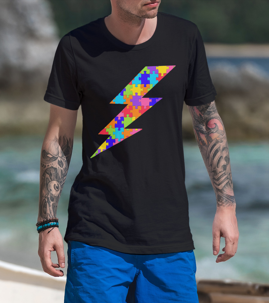Lightning Bolt Puzzle Piece Autism Awareness Superhero T-Shirt