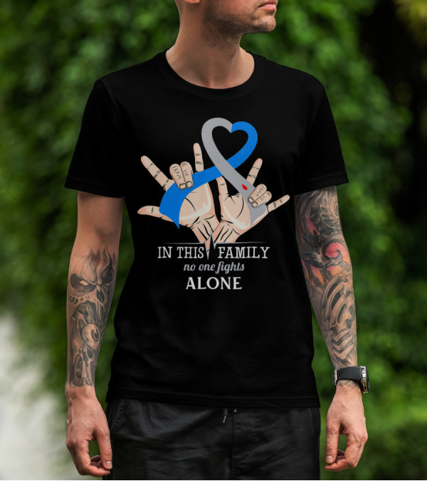 In This Family No One Fights Diabetes Alone Blue Gray Ribbon Hands T-Shirt