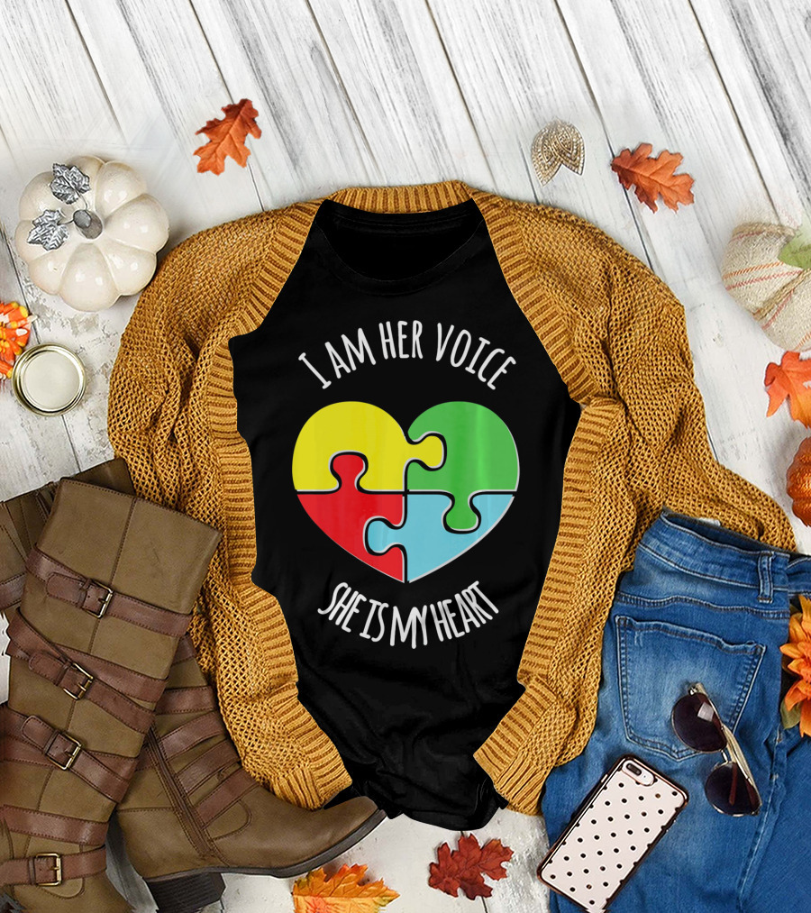 I Am Her Voice Autism Awareness She Is My Heart Puzzle Piece T-Shirt