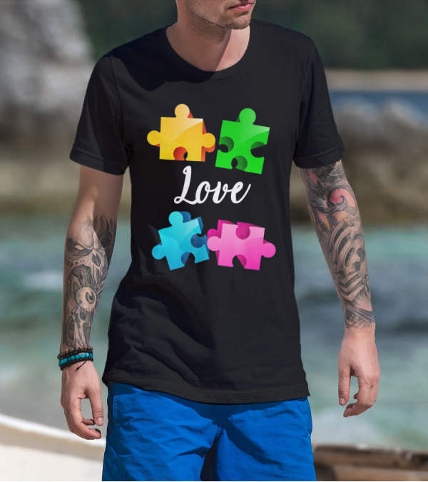 Autism Awareness Love With Colorful Puzzle Pieces T-Shirt