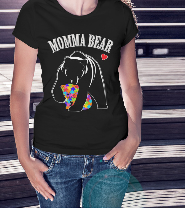 Momma Bear Puzzle Heart Autism Awareness Love T-Shirt