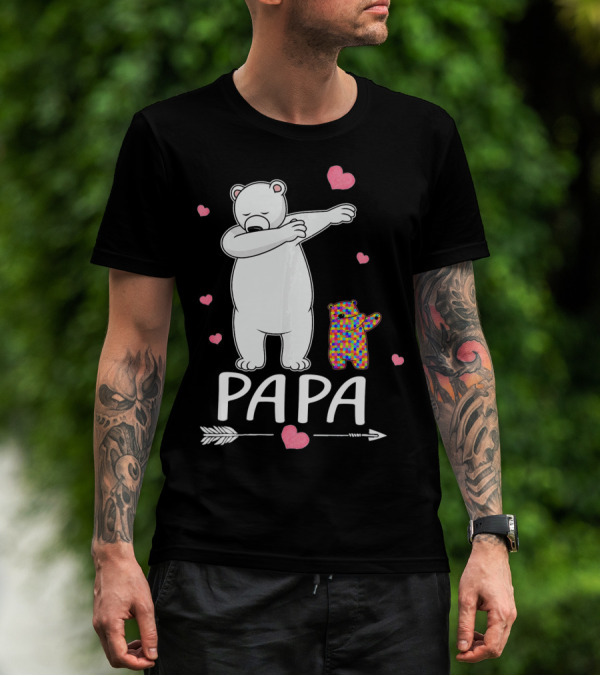 Papa Bear Dabbing With Autism Awareness Puzzle Bear And Hearts T-Shirt