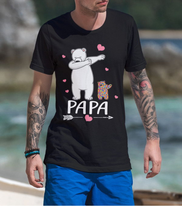 Papa Bear Dabbing With Autism Awareness Puzzle Bear And Hearts T-Shirt