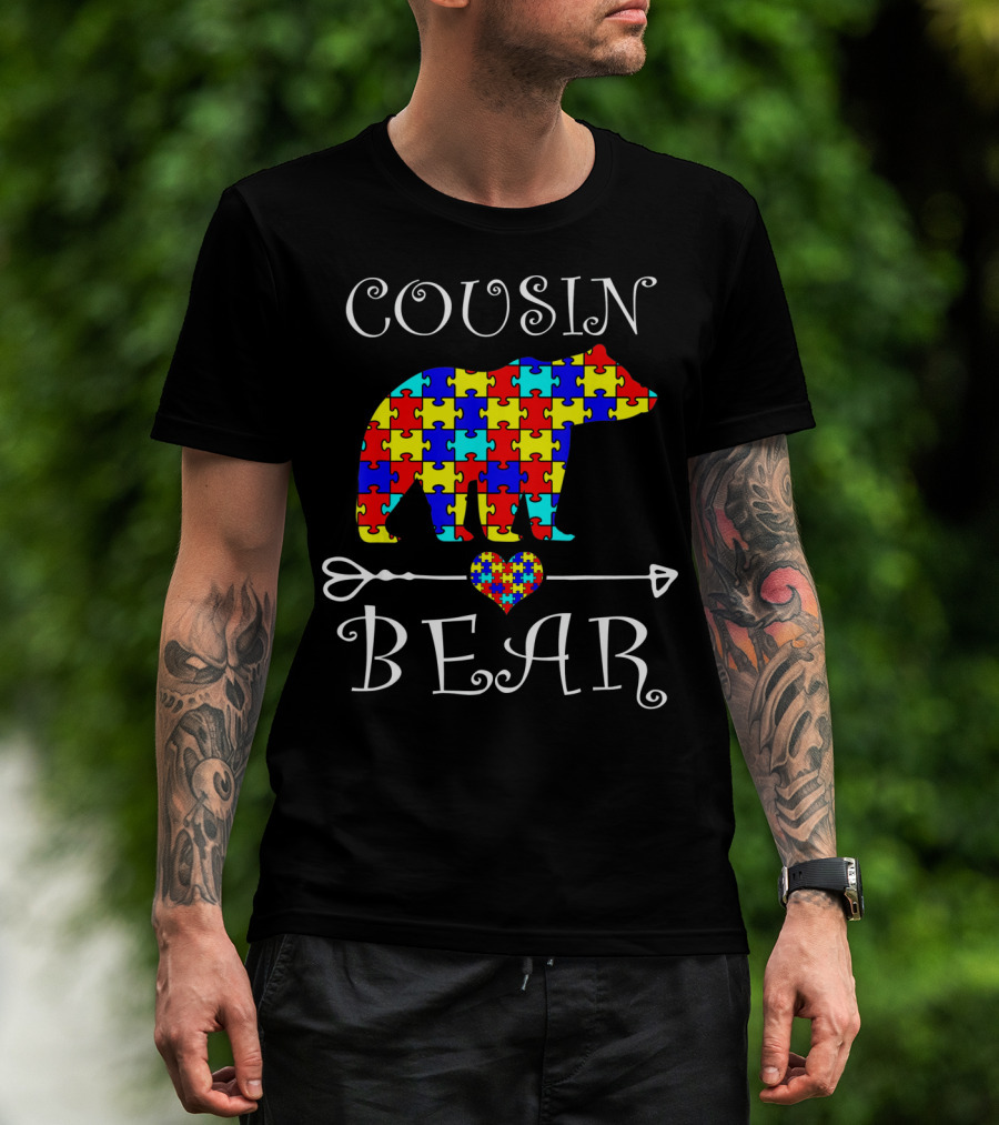 Cousin Bear Autism Awareness Puzzle Arrow Heart T-Shirt