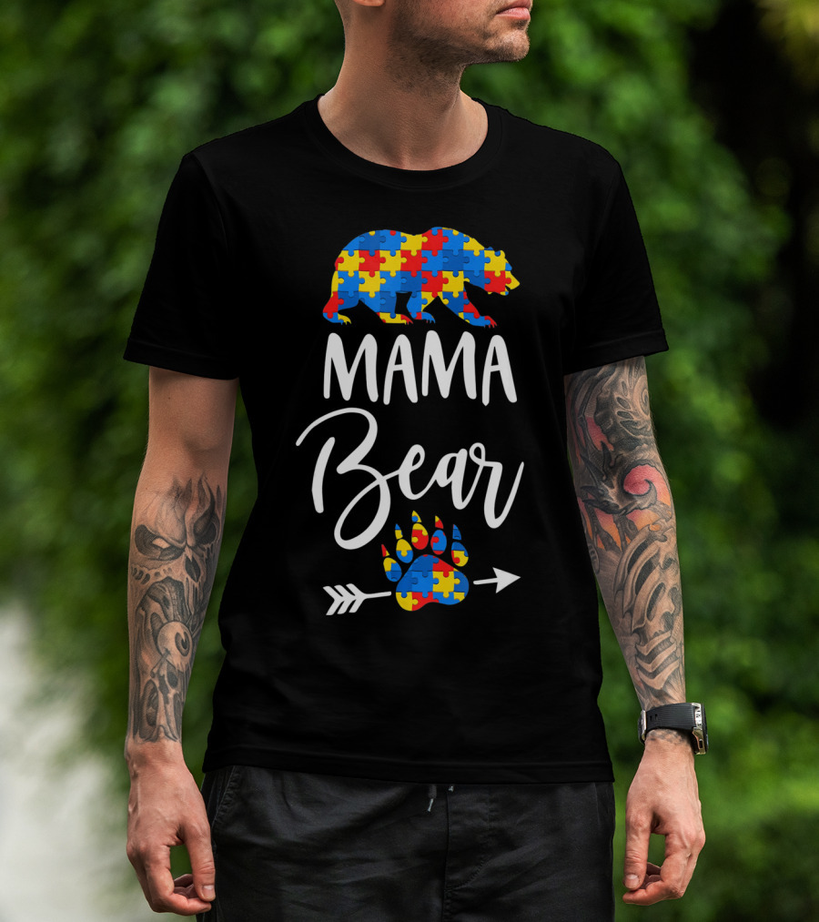 Mama Bear Autism Puzzle Pattern Paw Prints T-Shirt