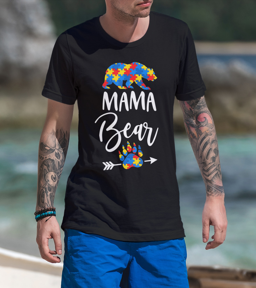 Mama Bear Autism Puzzle Pattern Paw Prints T-Shirt