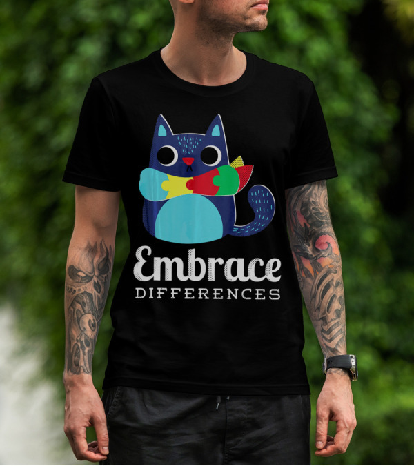 Embrace Differences Autism Support Awareness Puzzle Cat T-Shirt