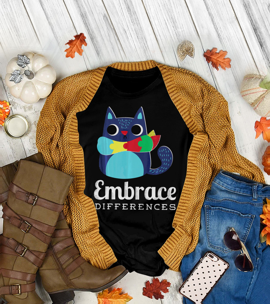 Embrace Differences Autism Support Awareness Puzzle Cat T-Shirt