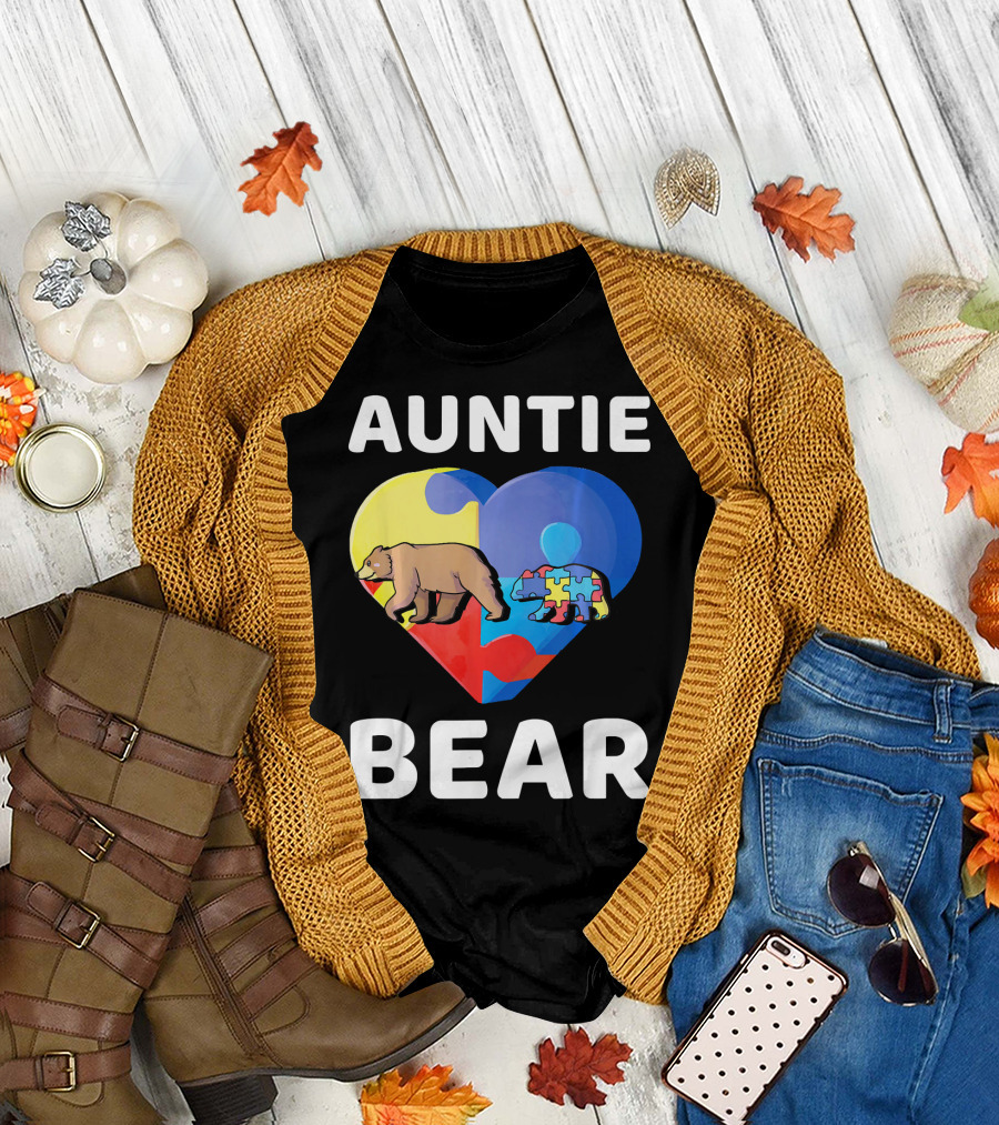 Auntie Bear Heart Puzzle Autism Awareness T-Shirt