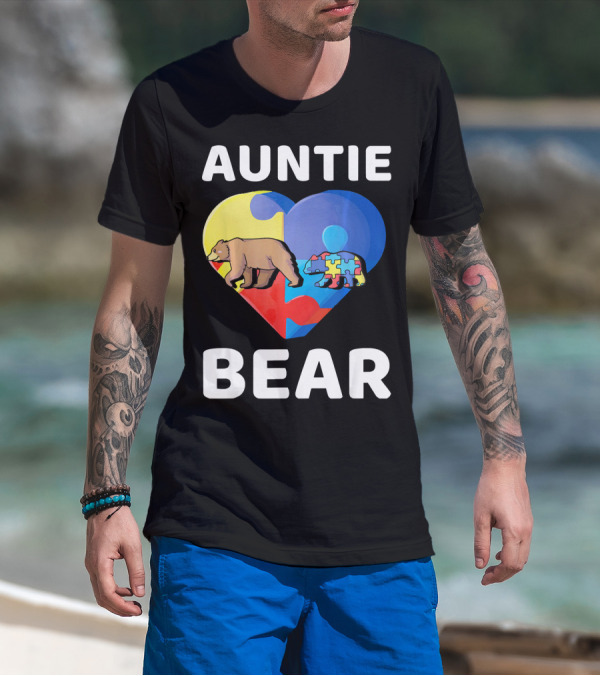 Auntie Bear Heart Puzzle Autism Awareness T-Shirt