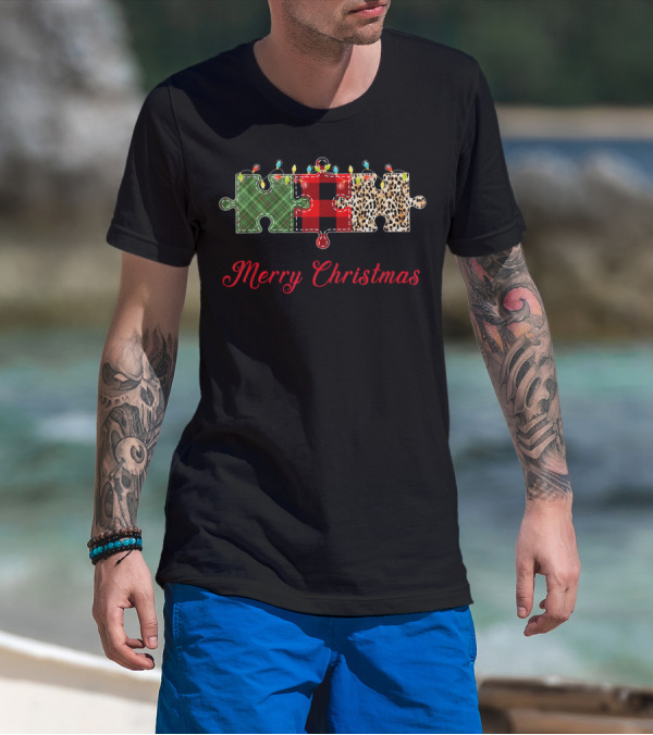 Merry Christmas Buffalo Plaid Leopard Puzzle Lights T-Shirt