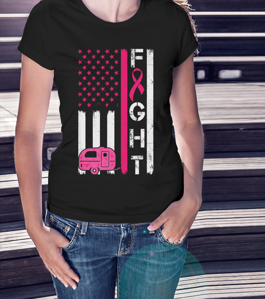 Fight Cancer Ribbon Camping Van American Flag T-Shirt