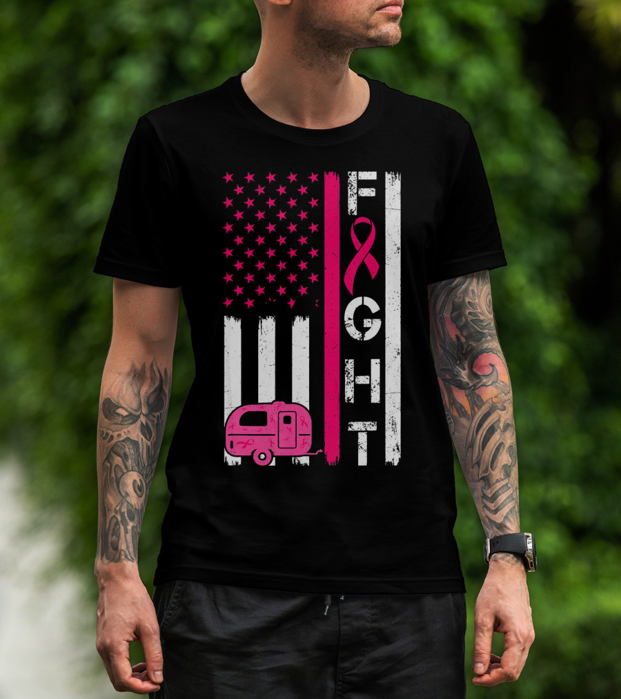 Fight Cancer Ribbon Camping Van American Flag T-Shirt