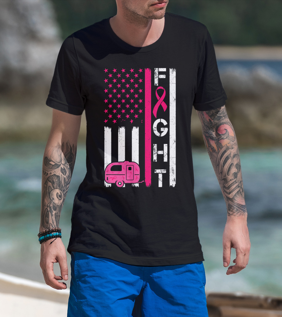 Fight Cancer Ribbon Camping Van American Flag T-Shirt
