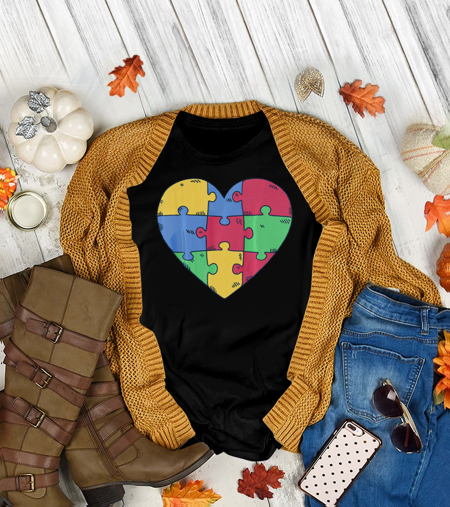 Autism Awareness Puzzle Heart Valentine Multicolor T-Shirt