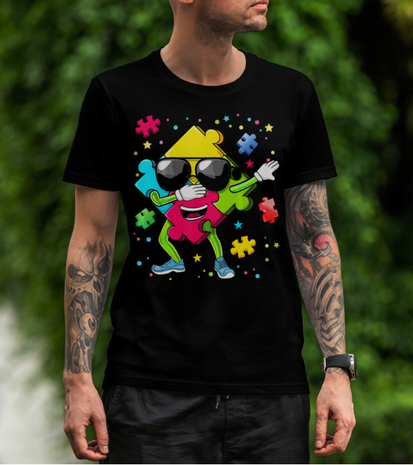 Dabbing Puzzle Piece Funny Autism Awareness Colorful T-Shirt