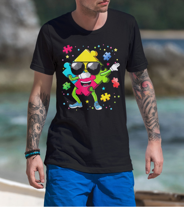 Dabbing Puzzle Piece Funny Autism Awareness Colorful T-Shirt