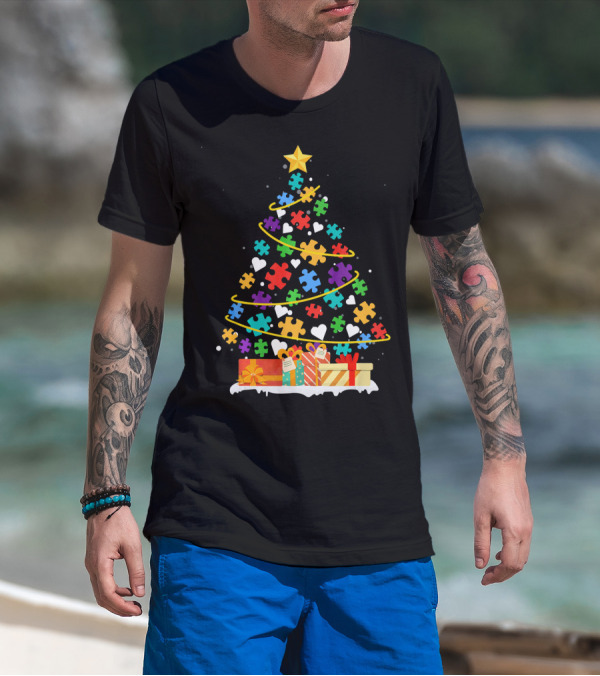 Autism Awareness Puzzle Piece Christmas Tree With Gifts And Hearts T-Shirt