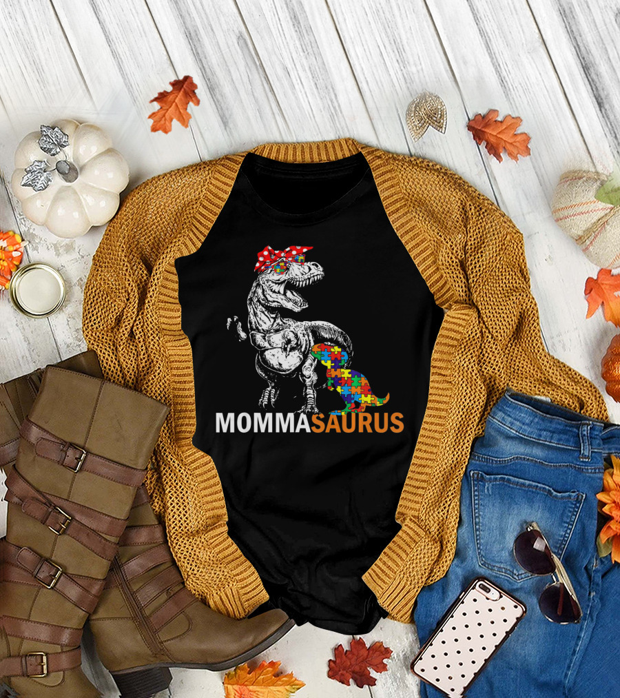Momma Saurus Dinosaur with Autism Puzzle T-Shirt