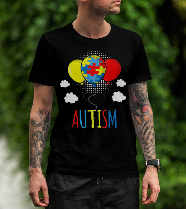 Autism Awareness Puzzle Piece Balloons With Colorful Clouds T-Shirt