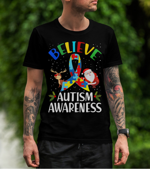 Believe Autism Awareness Santa Reindeer Puzzle Christmas T-Shirt