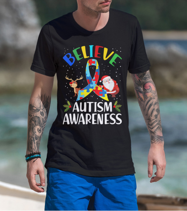 Believe Autism Awareness Santa Reindeer Puzzle Christmas T-Shirt